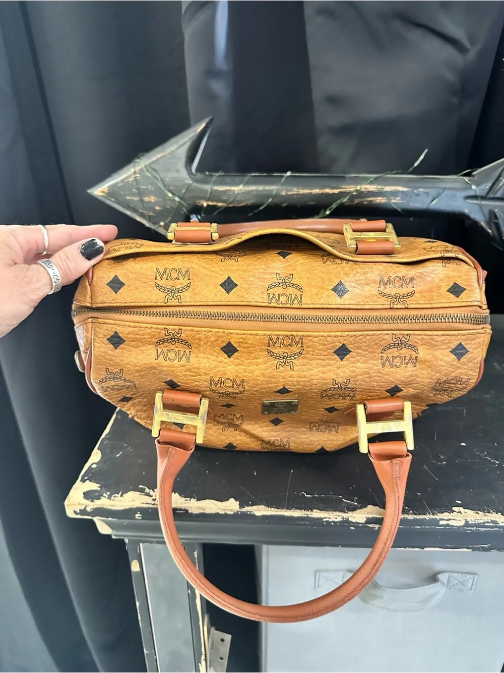 MCM Cognac Coated Canvas Monogram Satchel with Gold Hardware